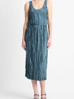VINCE  Crushed Satin Tie-Waist  Midi-dress in Marine Stone NWT $495